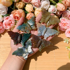 Handmade Polished Moss Agate Crystal Butterfly: Healing Chakra Decor, Halloween gift