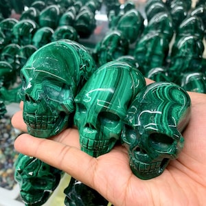 Hand Carved Natural Malachite Skull: Crystal Healing Sculpture, Halloween gift