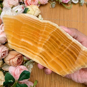 Polished Orange Calcite Slab: Golden Crystal Home Decor, Halloween gift