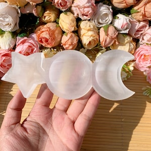 Selenite Charging Bowl: Star Moon Sun Crystal Dish, Halloween gift