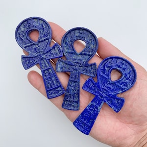 Hand-Carved Lapis Lazuli Ankh: 10cm Healing Crystal Decor, Halloween gift