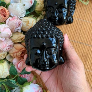 Black Obsidian Buddha Head Statue: Healing Crystal Desktop Decor, Halloween gift
