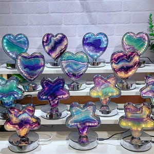 Natural Rainbow Fluorite Night Light - Heart & Star Shapes, 3-Color Changing, Healing Crystal for Kids Halloween Gift, Halloween gift