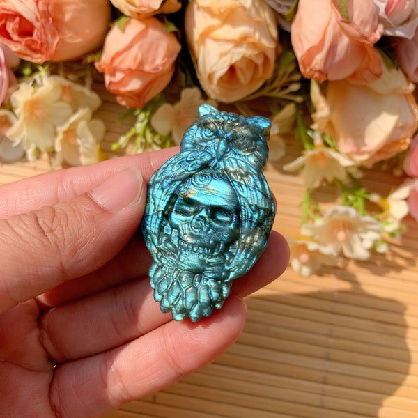 natural flashy labradorite mini owl skull carvings crystal owl skull carved home decor Reiki healing chakra energy crystal mom birthday gift