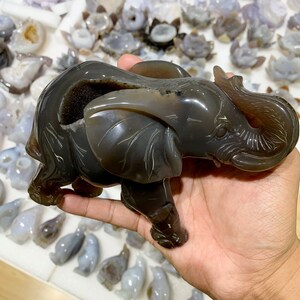 Handcarved Grey Geode Agate Elephant: Crystal Carving, Home Decor, Halloween gift