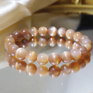 Peach Moonstone Bracelet: 8mm Sparkling Gemstone, Elastic Cord, Halloween gift
