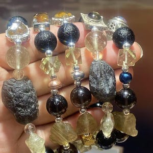 1PC Natural Meteorite Multi-Gemstone Bracelet - Libyan Desert Glass, Pallasite, Iron Meteorite, Cintamani, Healing Crystal, Special Gift