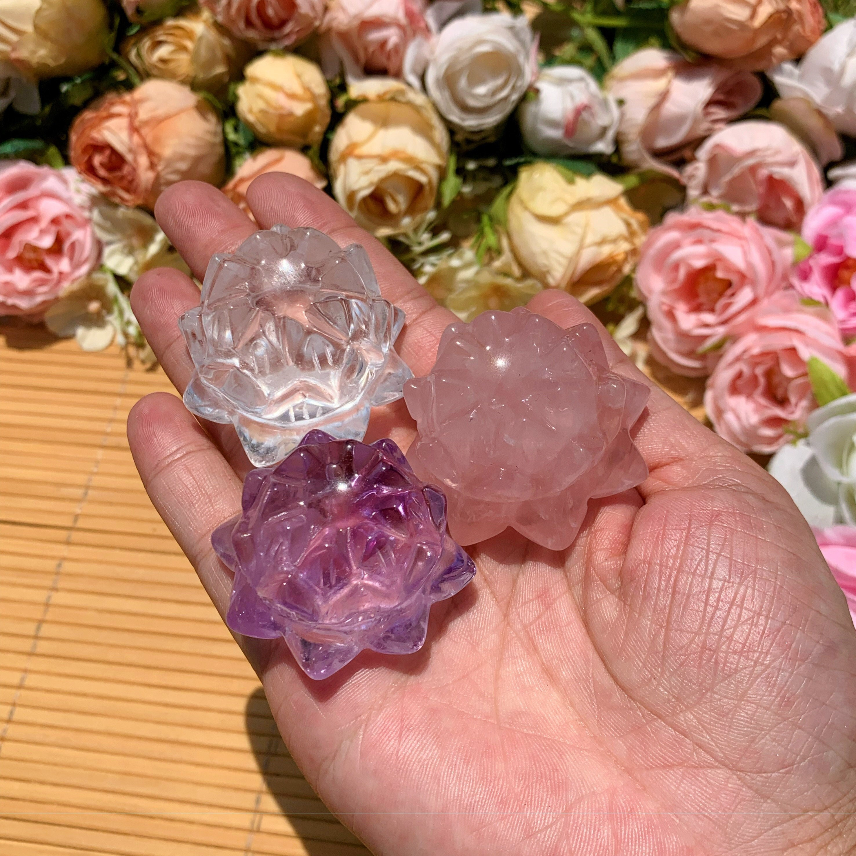 Handmade Crystal Lotus Flower: Clear Quartz, Amethyst, Rose Quartz