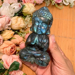 Blue Labradorite Buddha Statue: Healing Crystal Feng Shui Decor, Halloween gift