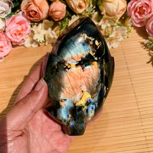 Polished Flash Labradorite Leaf: Freeform Healing Crystal Decor, Halloween gift