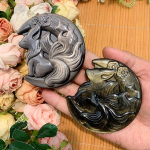 Obsidian Fox Figurine: Gold & Silver Healing Crystal Desk Decor (8.5cm), Halloween gift