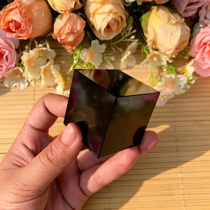 Hand-Carved Black Obsidian Cube: Energy Purifying Stone Decor, Halloween gift
