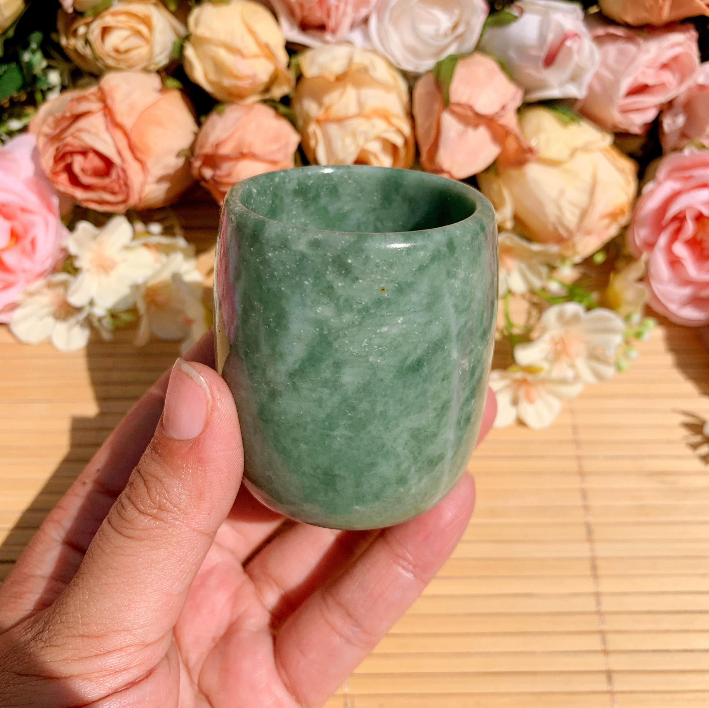 Polished Green Jade Tea Cup: Healing Crystal Home Decor, Halloween gift