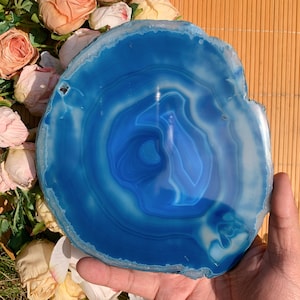 Crystal Blue Agate Slice - Polished and Heat-Treated Slab Plate for Home Decor - Unique Crystal Gifts for Nature Lovers Halloween Gift