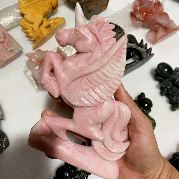 Pink Opal Unicorn Statue: Intricately Carved Crystal Sculpture