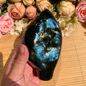 Polished Flash Labradorite Leaf: Freeform Healing Crystal Decor, Halloween gift