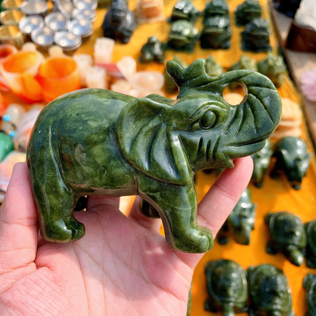1pc Natural Green Jade Elephant Crystal Quartz Carved Elephant Aminal