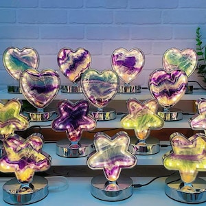 Natural Rainbow Fluorite Night Light - Heart & Star Shapes, 3-Color Changing, Healing Crystal Decor Halloween Gift, Halloween gift