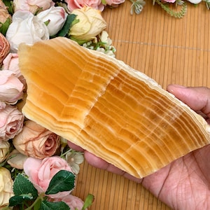 Polished Orange Golden Calcite Slab: Healing Crystal Decor, Halloween gift