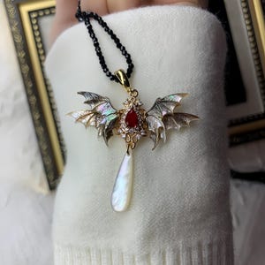 Dragon Wings Pendant Necklace – Mother of Pearl, Micro-Set Crystals, Fantasy Jewelry