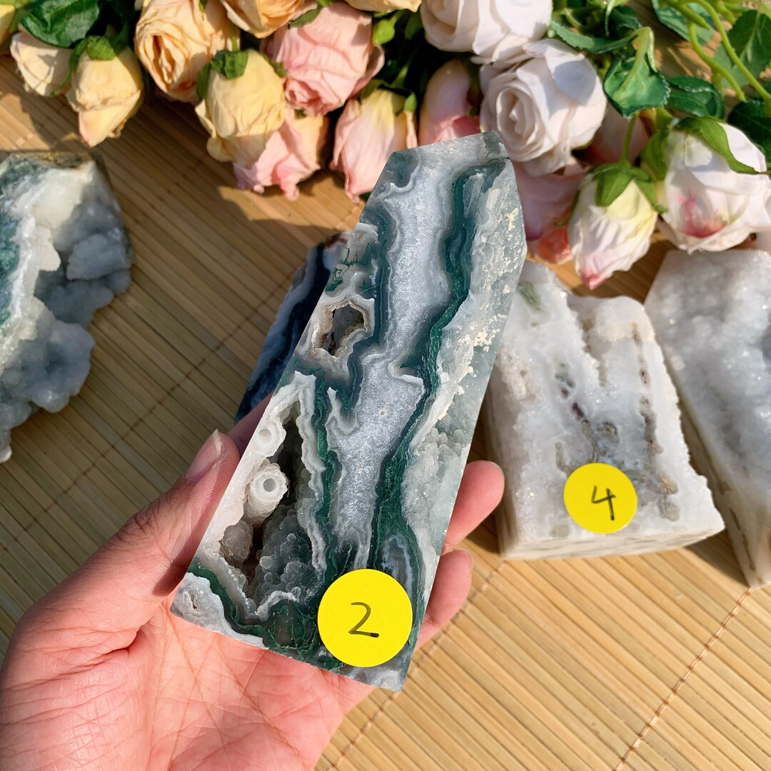 Moss Agate Druzy Quartz Crystal Meditation Sphere | 75mm | Green/White | 1 |