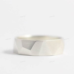 10K White gold wedding band | Engagement Band featuring Asymmetrical facets | Simple Wedding Band | White Gold Band | Matt finish band