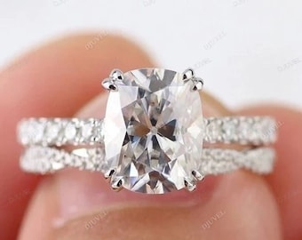10K Solid Gold Bridal Ring Set | Engagement Ring Set | Cushion Cut Art deco setting| Wedding Ring Set for Her