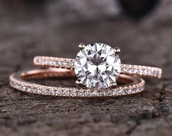 14K Rose Gold Wedding Ring Set Round Moissanite Bridal Ring Set Diamond Ring Set Anniversary Ring Set Gift for Her Full Eternity Band set