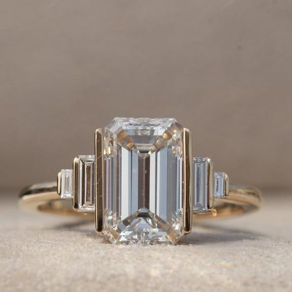 Bague de fiançailles en or 585 | Alliance diamant | Cinq pierres taille diamant émeraude | Alliance pour elle | Cadeau pour elle | Bague de promesse