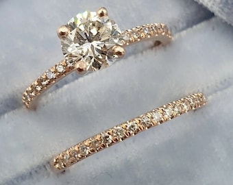 14K Round Moissanite Ring Set Solid Gold Engagement Ring Set High Quality Wedding Ring Set Stacking Ring Bridal Ring Set Promise