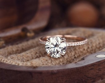 10K/14K (585) Gold Vintage Hidden Halo Moissanite Ring | Engagement Ring | Valentine Day Gift Ring | Pave stack yellow Rose Gold