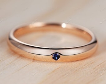 Saphir Ehering | Verlobungsring 14K Rose Gold Lünette mit blauem Saphirband für Männer und Frauen