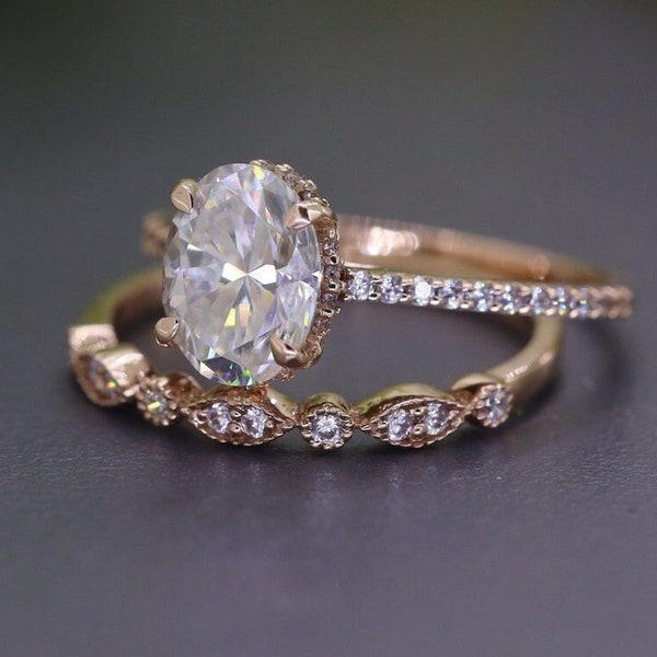 585 / 14K Rose gold oval Moissanite Ring Set Gold Bridal Ring Set | Ehering | Wedding Ring Set Stacking Ring Bridal Ring Set Promise