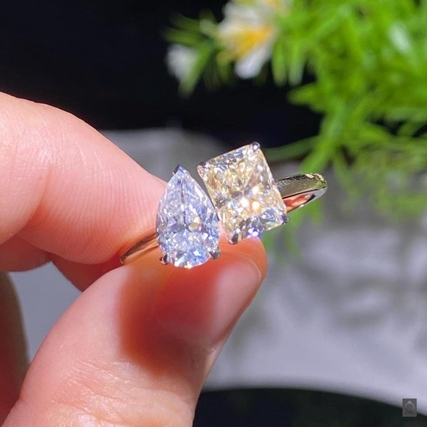 Engagement Ring | Toi Et Moi Diamond Wedding Ring | Pear Emerald  Diamond Cut | Wedding Ring for Her | Two stone cut diamond
