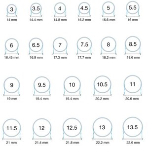 May include: A chart showing ring sizes from 3 to 13.5, with corresponding measurements in millimeters.