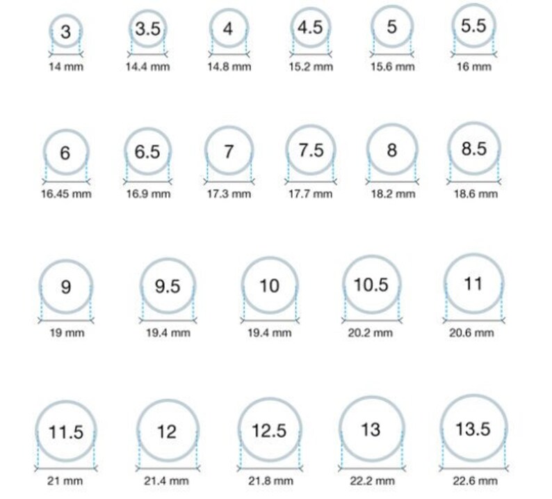 May include: A chart showing ring sizes from 3 to 13.5, with corresponding measurements in millimeters.
