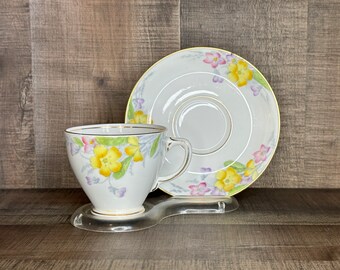 Ancienne tasse à thé et soucoupe à motif floral jaune royal ~ Porcelaine fine anglaise