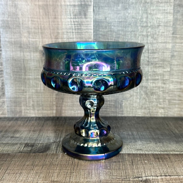 Indiana Blue Iridescent Kings Crown Carnival Glass ~ Pedestal Compote Dish, B3