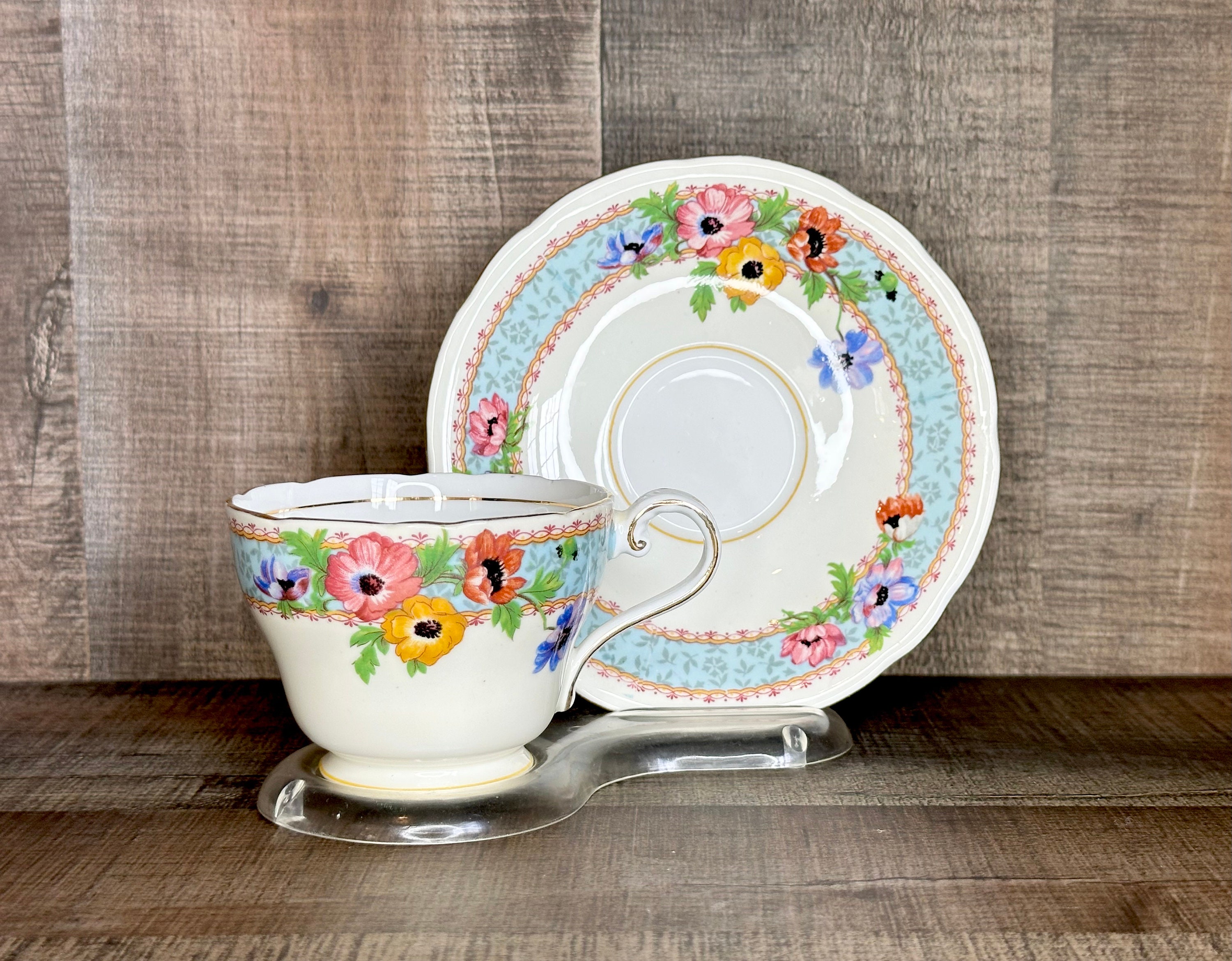 Aynsley Poppy Floral Teacup and Saucer ~ Fine English Bone China