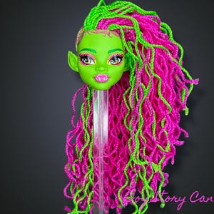Peut inclure: Une tête de poupée à la peau verte, de grandes oreilles pointues et des lèvres roses. La poupée a de longs cheveux tressés roses et verts vibrants. La tête est montée sur un support en plastique transparent sur fond sombre.