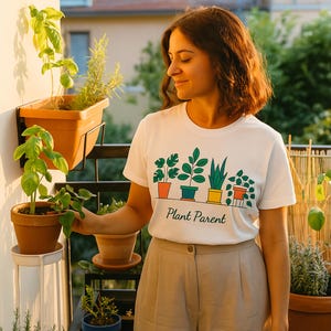 Peut inclure: Un t-shirt blanc avec un motif coloré de plantes en pot et le texte "Plant Parent". Le t-shirt est porté avec un pantalon beige. Des plantes en pot, dont du basilic et du romarin, sont visibles sur un balcon.