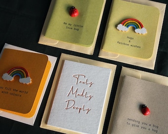 Rainbow Hugs & Wishes Letterpress Cards | Handmade Romantic Stationery Pack | Mini Greeting cards