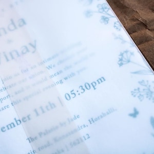 May include: A translucent invitation with floral accents and the names "Linda" and "Vinay" printed in a soft blue. The invitation includes the date, November 11th, and the time, 05:30pm.