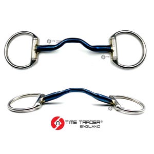 May include: A blue and silver horse bit with a curved mouthpiece. The bit is made by Time Trader England.