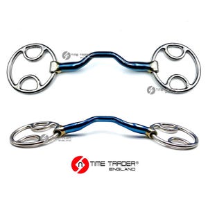 May include: A blue titanium horse bit with a curved mouthpiece and a double-jointed ring on each end. The bit is made by Time Trader England.
