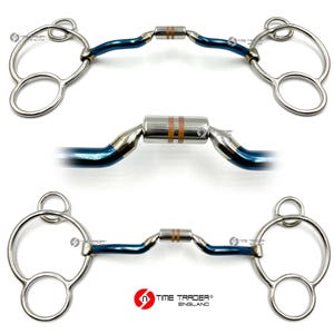 May include: A blue and silver horse bit with a double jointed mouthpiece and two loose rings on each side. The bit is made by Time Trader England.