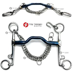 May include: Two horse bits with a blue curved mouthpiece and stainless steel rings and chain. The bits are from Time Trader England.