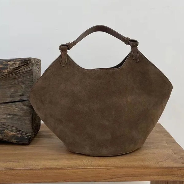 Frosted Cowhide Bucket Bag, Lotus Leather, Suede Leather Tote Bags