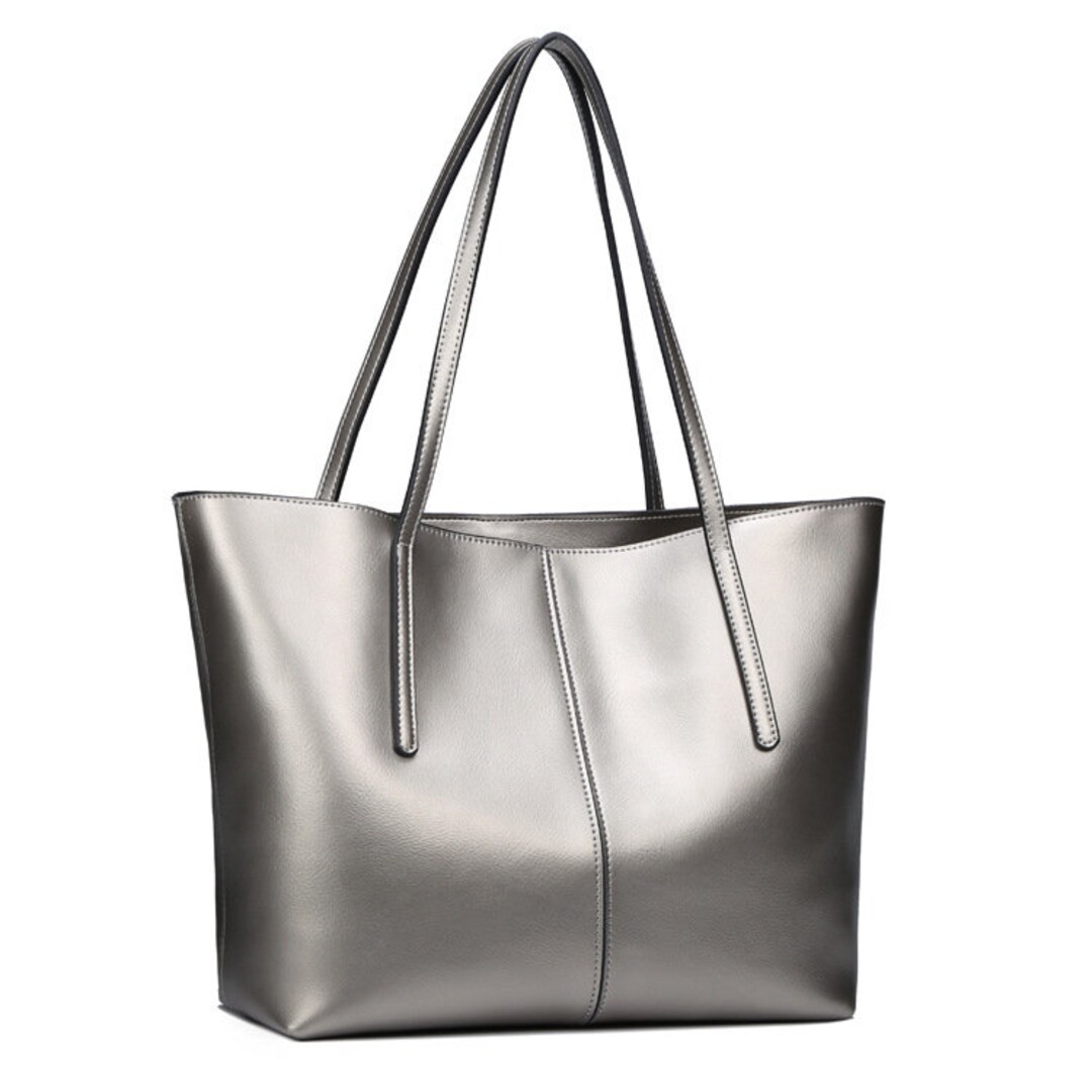 Silver Leather Tote Bag, Single Shoulder Bag, Shopping Bag Large