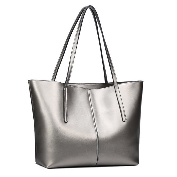 Silver Leather Tote Bag, Single Shoulder Bag, Shopping Bag Large Capacity, Metallic Colors